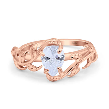 14K Rose Gold Art Deco Leaves Pear Vintage Style Bridal Ring Simulated Cubic Zirconia Wedding Engagement Ring